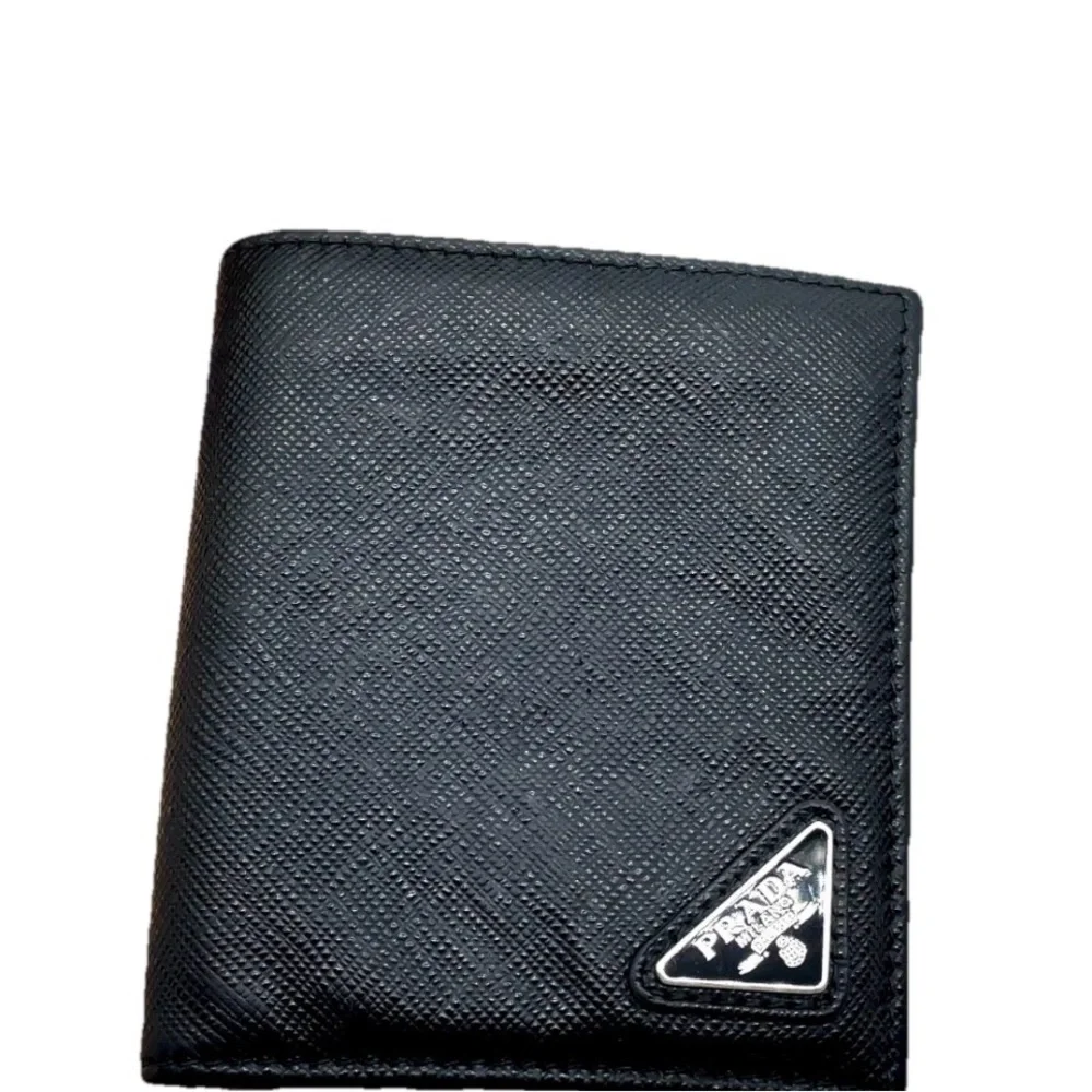 Prada Triangle Logo Saffiano Leather Black Bifold Wallet W/Box Authentic